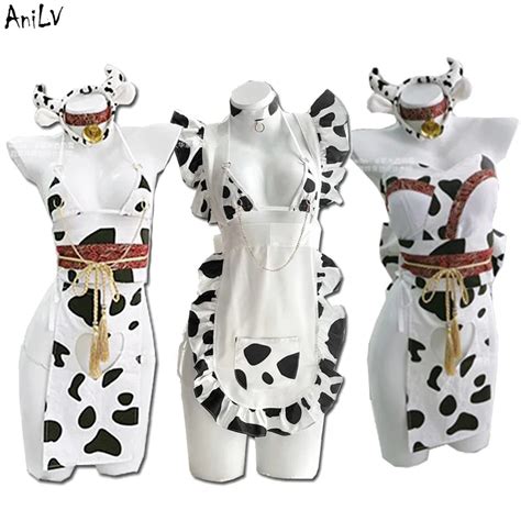 Anilv Anime Girl Cow Maid Unifrom Chain Bikini Swimsuit Women Love Hollow Pajamas Outfits