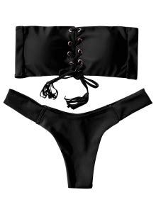 23 OFF 2019 Lace Up Bandeau Bikini Set In BLACK S ZAFUL