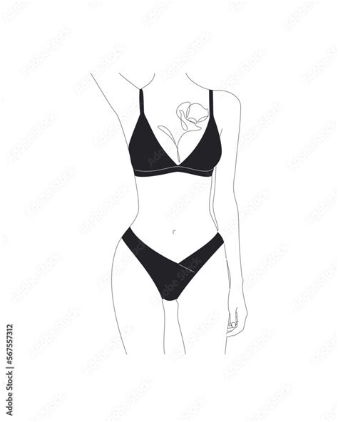 Illustration Of A Woman In Bikini With Abstract Flower On Chest Cropped Female Body Woman In