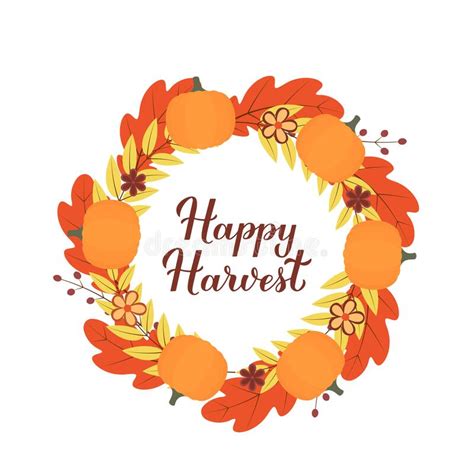 Happy Harvest Calligraphy Lettering With Fall Leaves Pumpkins And