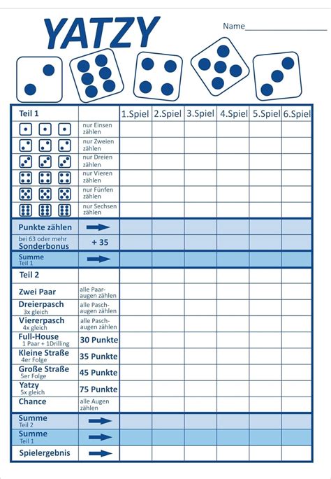 50er Spielblock für Yatzy Würfelspiel Pasch Schreibblock Notizblock