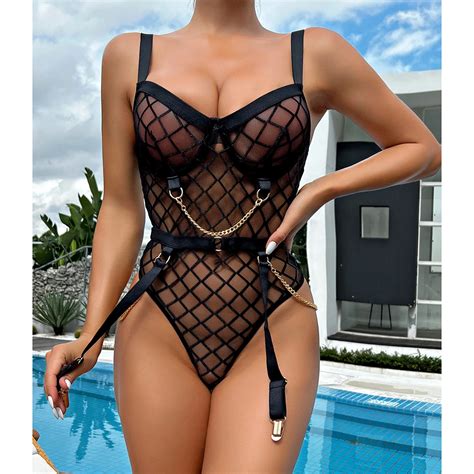 Seductive See Through Fishnet Underwear Erotic Mesh Bodysuit Hollow Sexy Bikini With Garter Sex