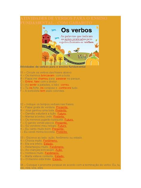 Texto Para Trabalhar Verbos 6o Ano Com Gabarito - Atividades Verbos 6º Ano Gabarito | PDF | Morfologia linguística