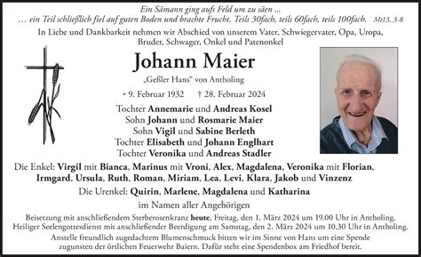 Traueranzeigen Von Johann Maier Trauer Merkur De