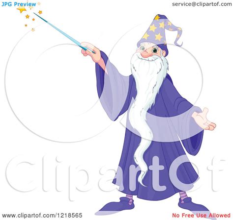 Clipart Of A Happy Wizard With A Long Beard Using A Magic Wand