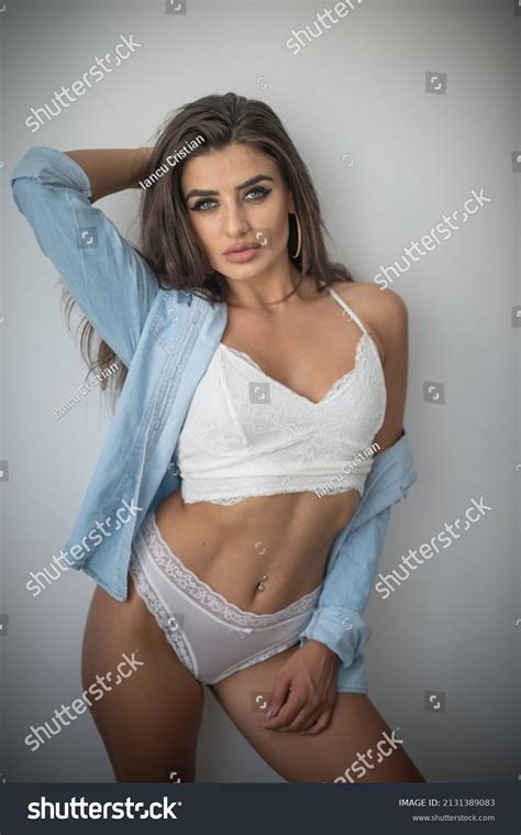 Attractive Sexy Brunette White Lingerie Denim Stock Photo Shutterstock