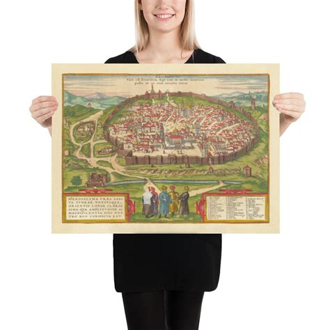Old Map Of Jerusalem 1582 By Georg Braun Jewish And Islam Old City T