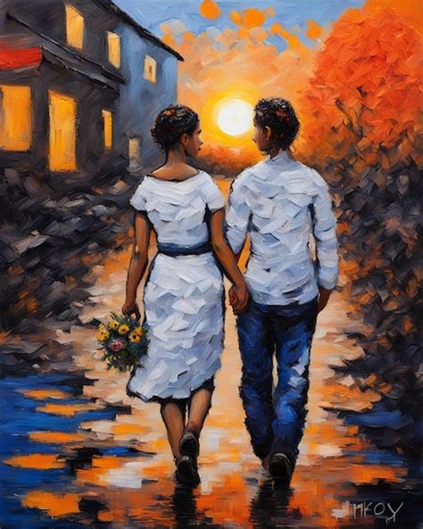 Premium AI Image Elegant Gay Couple In Love Walking By Hand Sunset Time Digital Painting