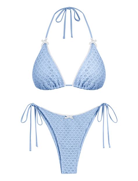 Zaful Women S Sexy Halter Bikini Sets Bow Decor Eyelet Openwork Bikini Swimsuits Tie Side