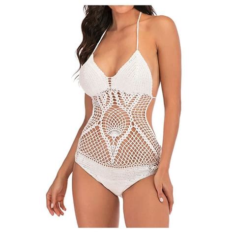 Bikini Femmes Sexy One Piece Couleur Unie Tricoté Dos Nu Ensemble Maillots De Bain Beachsuit