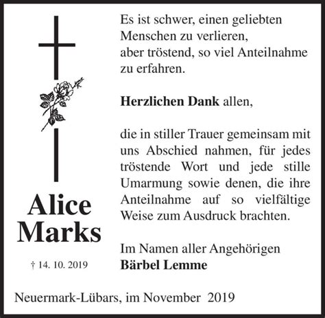 Traueranzeigen Von Alice Marks Abschied Nehmen De