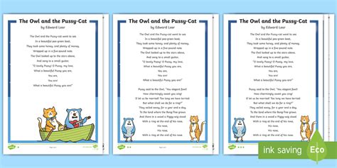 The Owl And The Pussy Cat Poem Differentiated Reading Comprehension Activity
