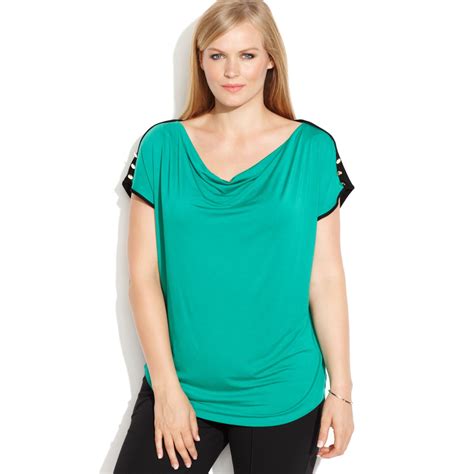 Lyst Calvin Klein Plus Size Buttontrim Colorblock Top In Green