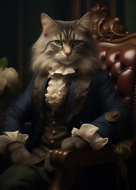 Premium Photo Araffe Cat In A Blue Suit Sitting In A Chair Generative Ai