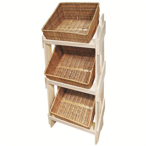 Wooden Retail Stand With 3 Extra Large Wicker Trays Retail Display