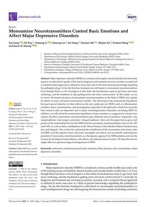 Pdf Monoamine Neurotransmitters Control Basic Emotions And Affect