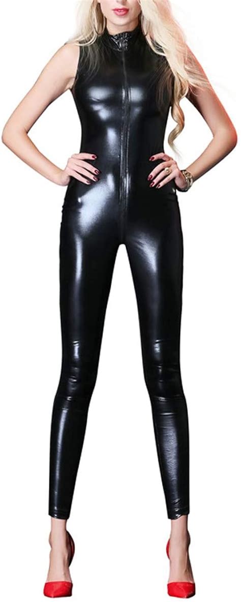OwlFay Sexy Women Faux Leather Wet Look Bodysuit Zipper Open Crotch Catsuit Lingerie Metallic