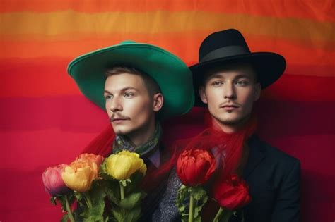 Um lindo casal gay as cores da bandeira do arco íris posando para uma sessão de fotos do Mês