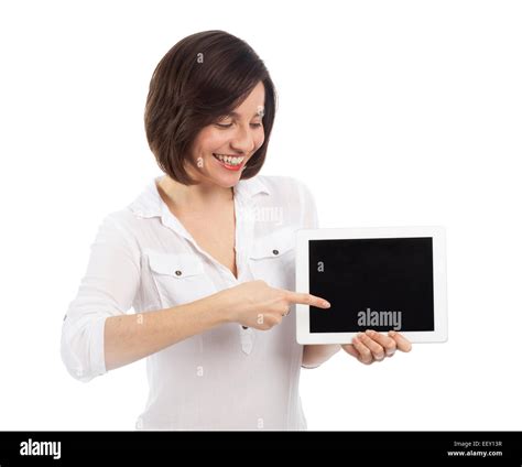 Cute Brunette Presenting A Blank Touchpad With Her Finger Communication Concept Isolated On