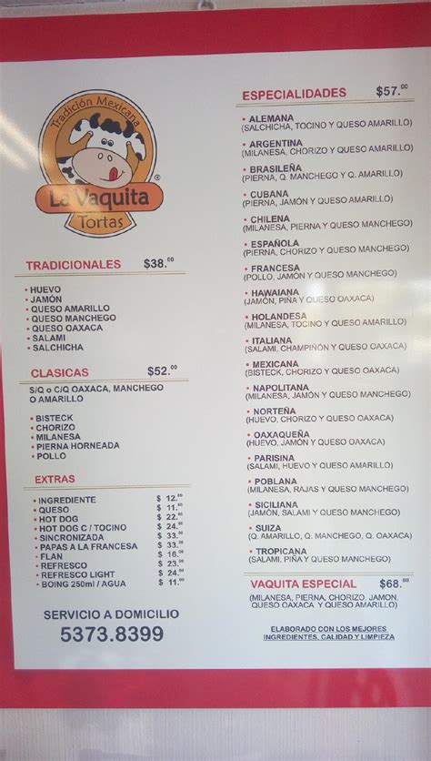 Carta Del Restaurante Tortas La Vaquita Naucalpan Del Ju Rez Av