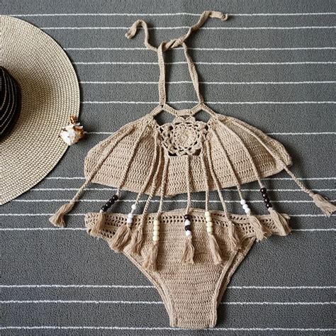 European Vintage Beach Weave Crochet Women Bikini Set Handmade Tassel Biquini Female Two