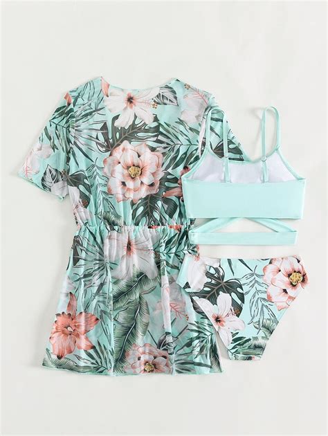 Conjunto de bikini con estampado tropical y cruzado para niña preadolescente con kimono de