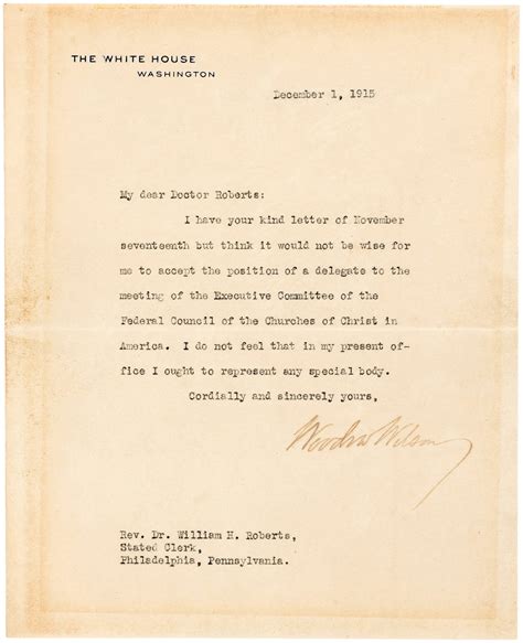 Hakes Woodrow Wilson Signed Letter On White House Stationary