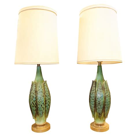 Mid Century Modern Blue Ceramic And Teak Table Lamps With Fabric Shades At 1stdibs Mid Century