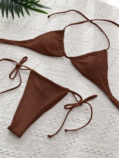 SHEIN Swim SXY Conjunto de bikini unicolor Sujetador micro halter con lazo versátil y bottom de