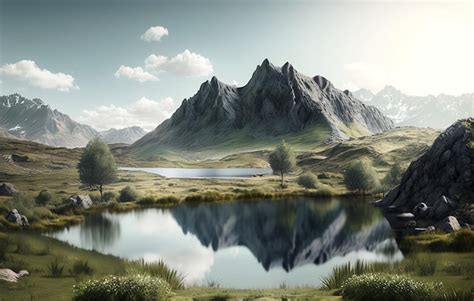 Realistic lake and mountain landscape wallpaper design illustration ...