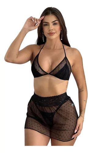 Lingerie Sensual Feminina Mini Saia Transparente Sexy 3peças Parcelamento sem juros