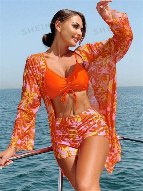 Shein Swim Pcs Women S Summer Beach Tropical Plant Print Bikini Set Including Triangle Shorts