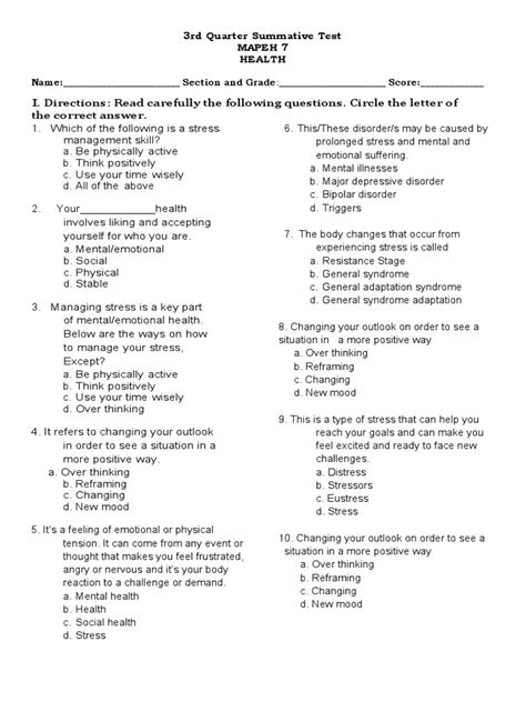 3rd Quarter Summative Test Health Pdf Stress Biology Mental