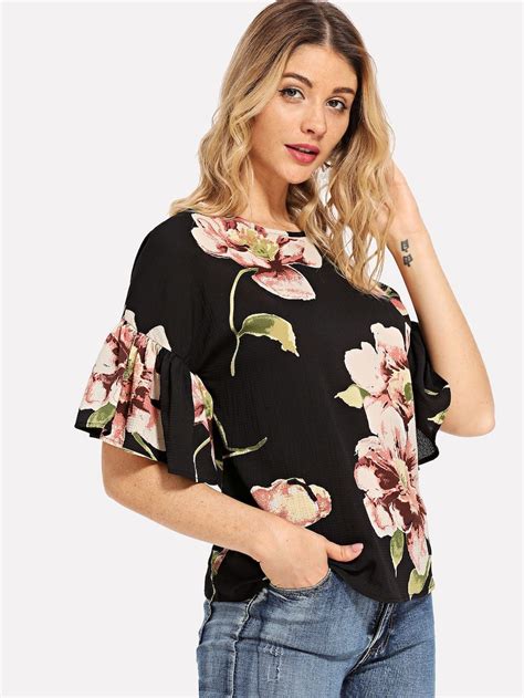 Shein Ruffle Sleeve Keyhole Back Floral Top