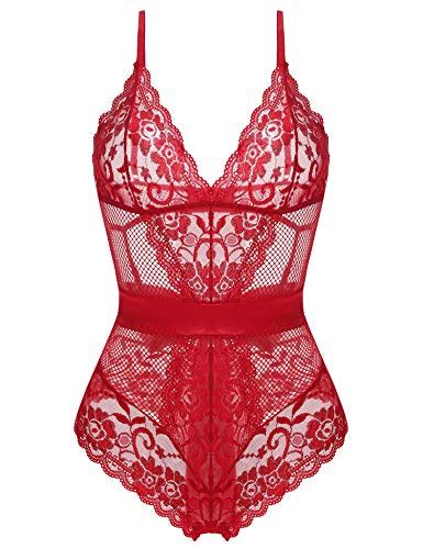ZSWDXX Women Sexy Lingerie One Piece Lace Halter Teddy Babydoll Bodysuit Wine Red Large For Sale