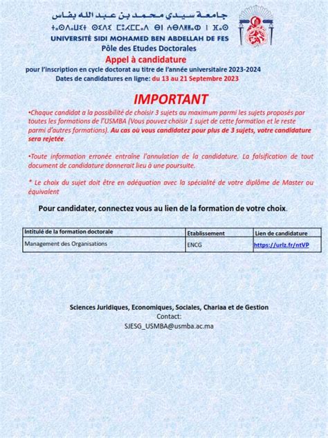 Appel Candidature Pour Linscription En Cycle Doctorat Au Titre De L