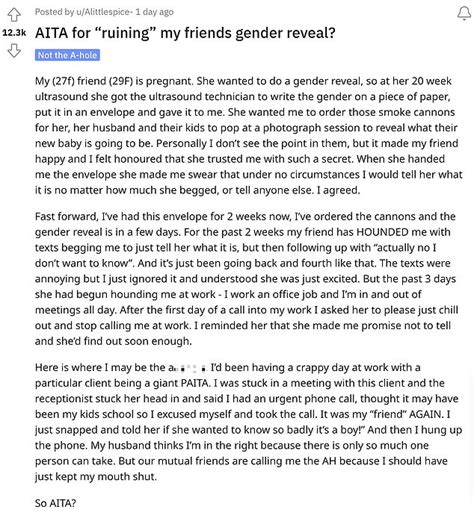 My Friend Is Furious Because I Ruined Her Gender Reveal By Letting The Baby S Sex Slip Daily