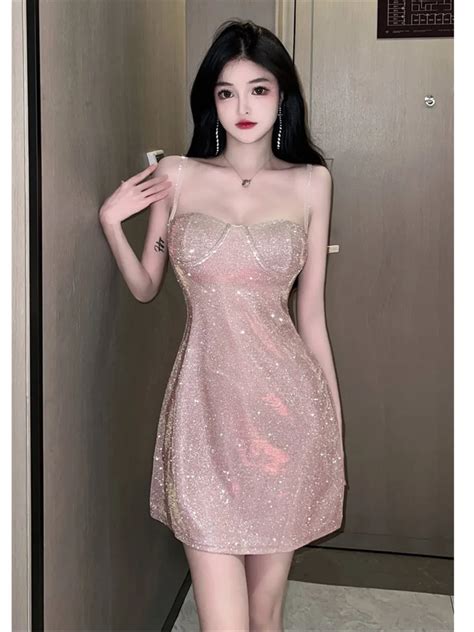 Summer New Mature Style Sexy Sweet Backless High Waist Sling Sparkling Pink Bright Diamond