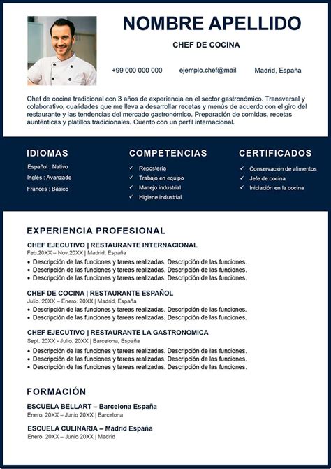 Plantilla De Curriculum Vitae De Un Chef Descargar Gratis