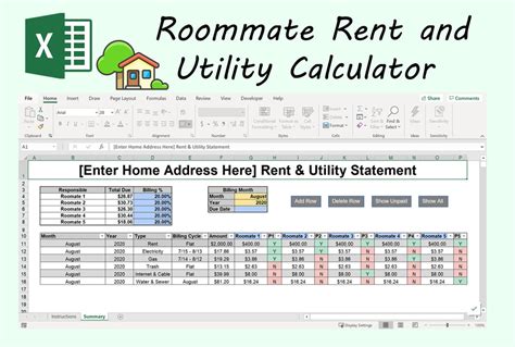 Split Rent Utility Roommate Expenses Calculator Template Excel