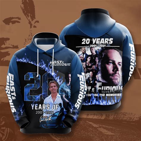 Paul Walker Fast And Furious 20 Years Anniversary Blue 3d Hoodie