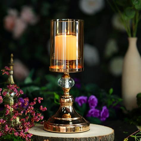 Efavormart Gold Metal Pillar Votive Candle Holder With Hurricane Glass Cover