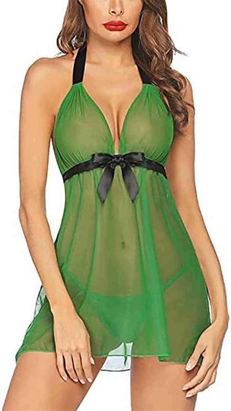 Buy ZXS STYLE Women Green Solid Net Solid Above The Knee Babydoll Lingerie With Panty Online At