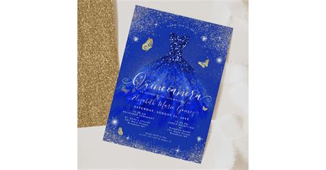 Invitación Glam Royal Blue Gold Purpurina Gown Quinceanera Zazzle Es