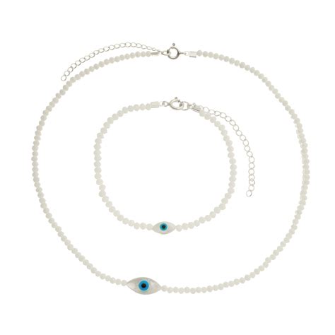 Conjunto Nylon Prata Olho Grego Oval Cristal Nude