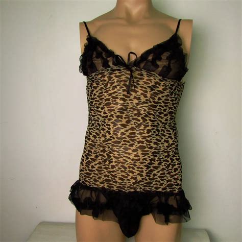 Men Sissy Lingerie Leopard Ruffle Body Suit Romantic Sexy Lingerie