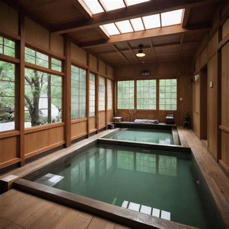 Japan Indoor Onsen Hot Spring Surrounded By Trees And Rocks In Beautiful Setting Day View Stock