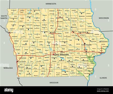 High Detailed Iowa Physical Map With Labeling Stock Vector Image And Art