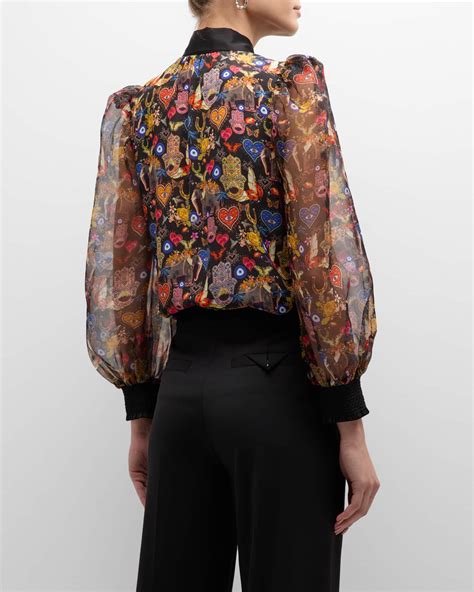 Alice Olivia Brentley Printed Satin Tie Neck Blouse Neiman Marcus