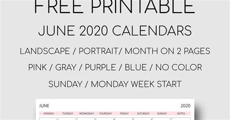 Printable June 2020 Calendars